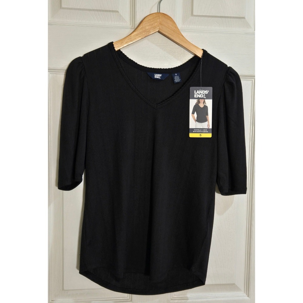 Lands End Womens Black Pointelle V-Neck Elbow Sleeve Puff Shoulder Top S 1962938